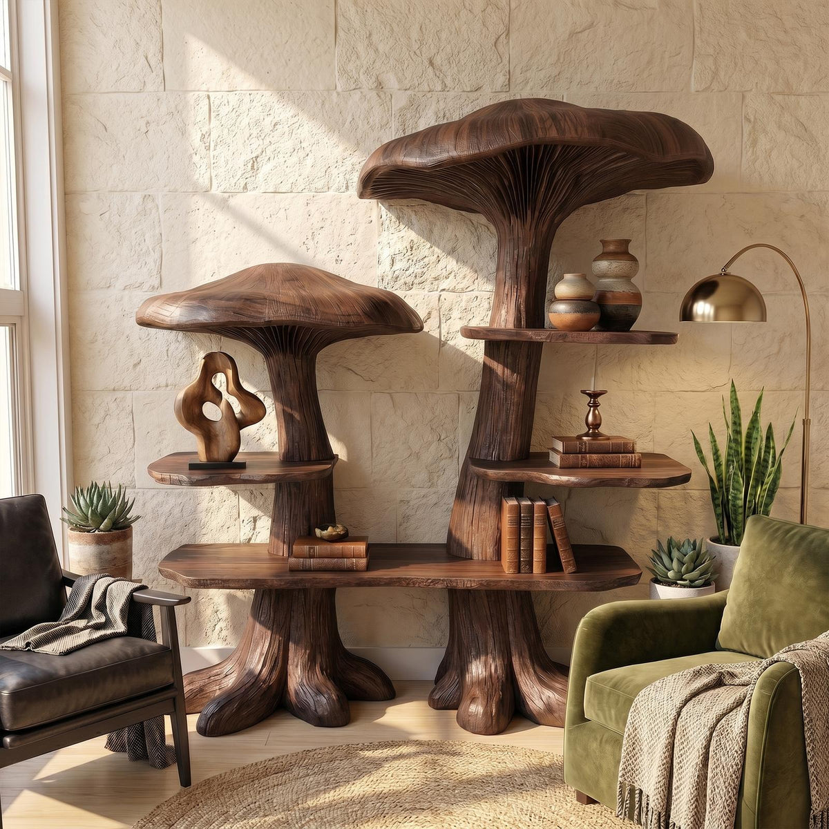 Nature-Inspired Mushroom Bookshelf, Solid Wood Open Display Shelving & Bookcase Storage Unit for Living Room