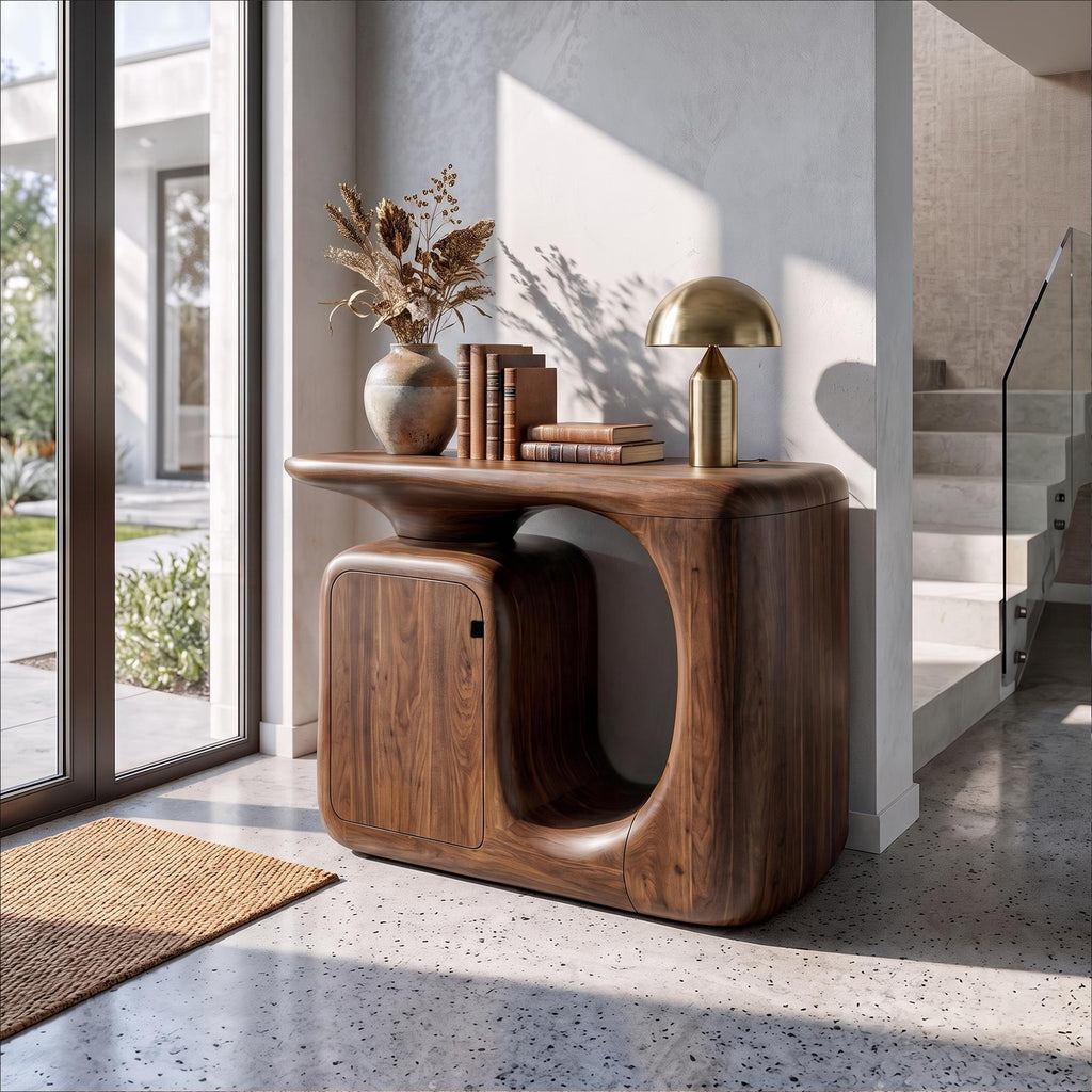 Modern Sculptural Console Table With Rounded Storage Cabinet For Entryway