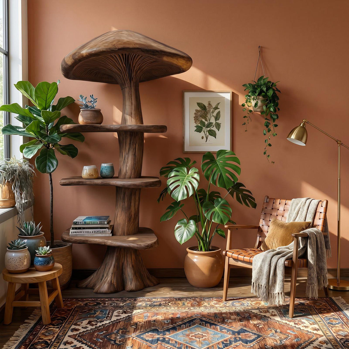Organic Mushroom Bookshelf with Handcrafted Solid Wood Shelves, Whimsical Bookcase & Storage Unit for Living Room