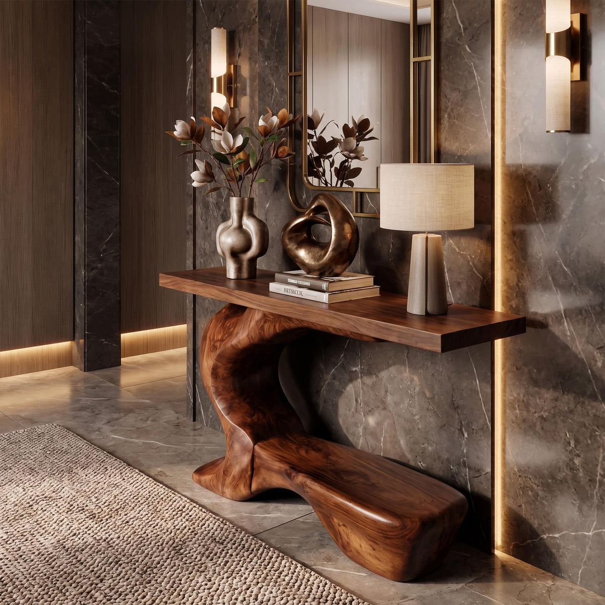 Rustic Sculptural Console Table With Curved Base For Entryway