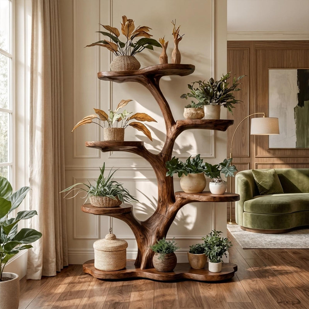 Rustic Tree Plant Shelf Indoor Green Display Living Room