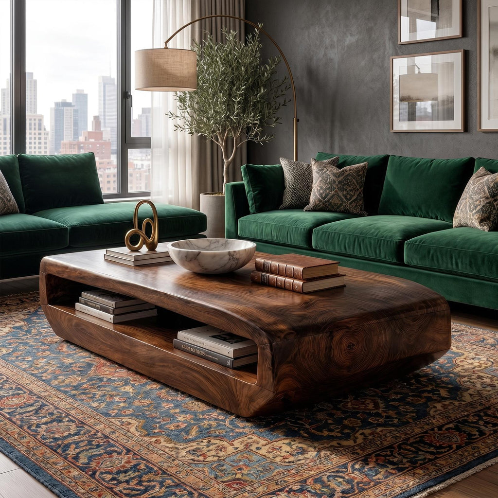 Rustic Natural Wood Coffee Table with Storage Shelf, Solid Wood Center Table for Cozy Living Room