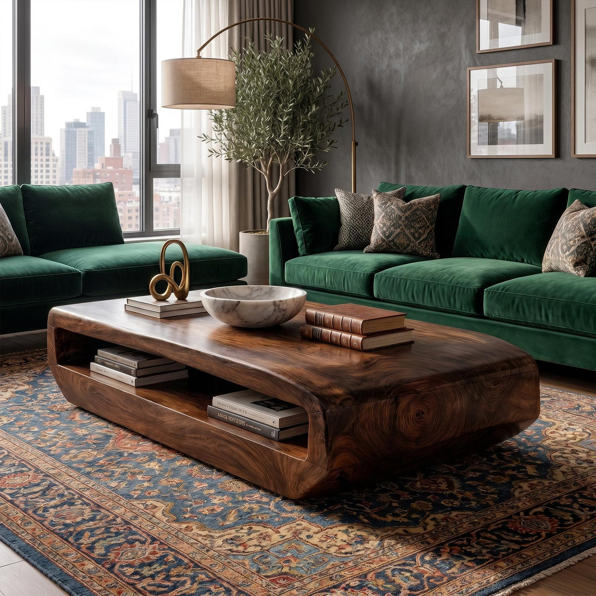 Rustic Natural Wood Coffee Table with Storage Shelf, Solid Wood Center Table for Cozy Living Room