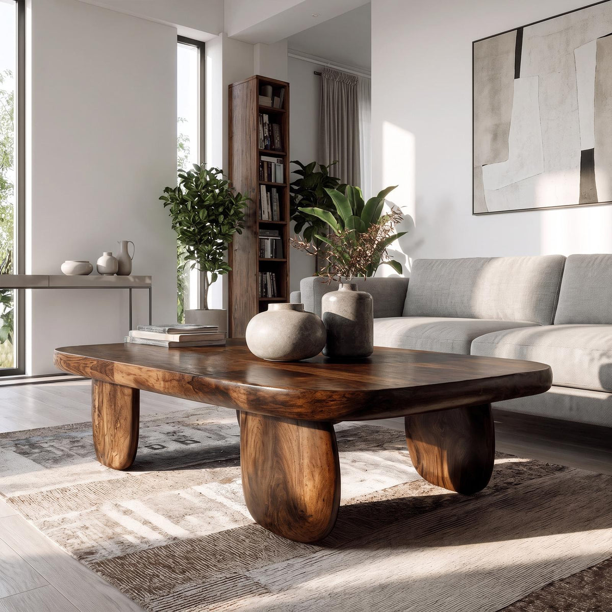 Minimal Coffee Table With Organic Pedestal Base For Living Room
