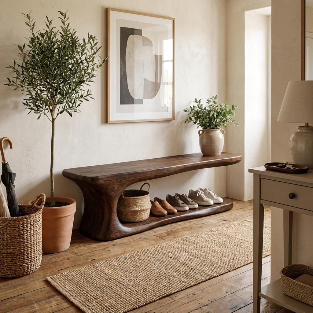 Rustic Natural Edge Wooden Shoe Bench Entry Hall
