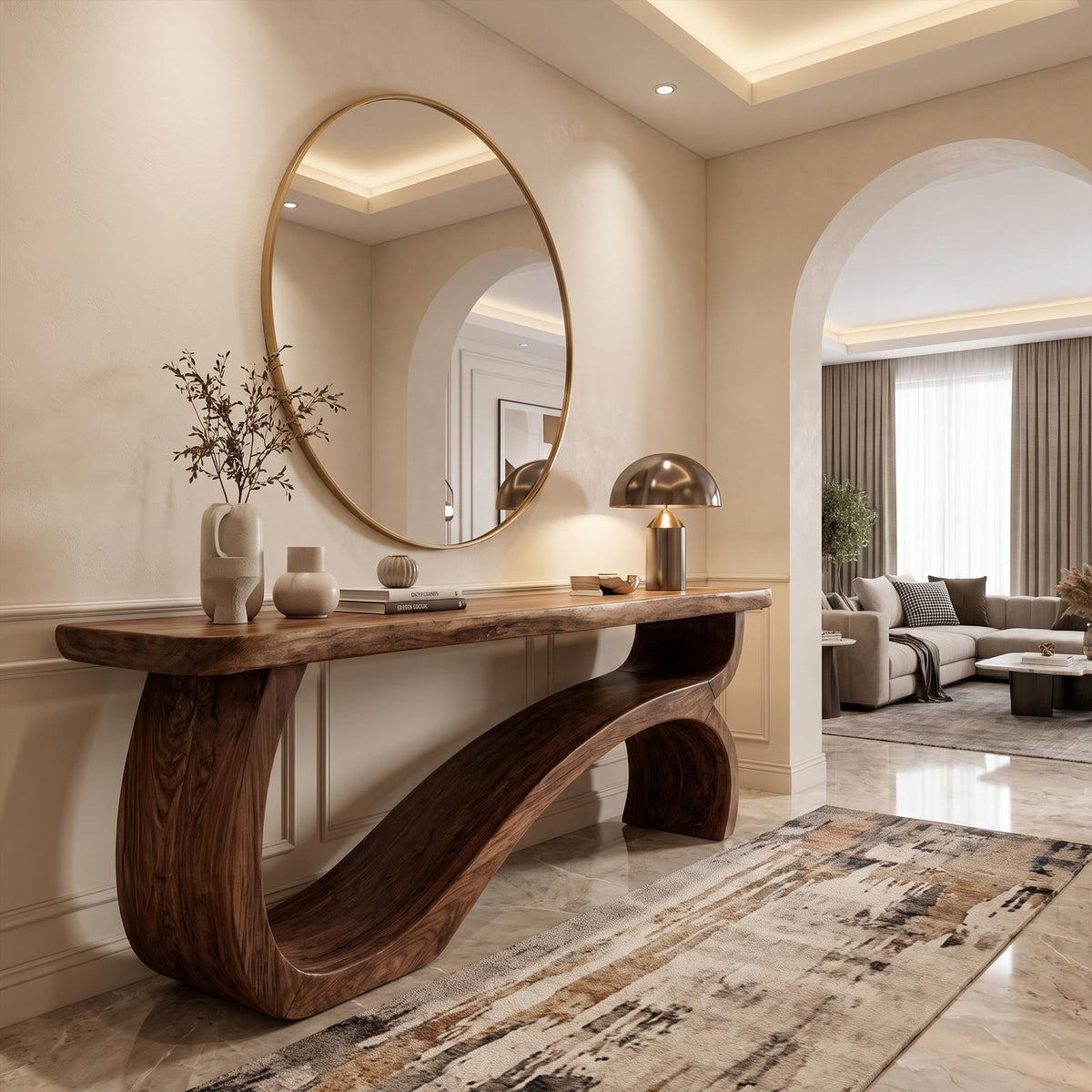 Modern Console Table Table With Sculptural Open Wood Base For Living Room