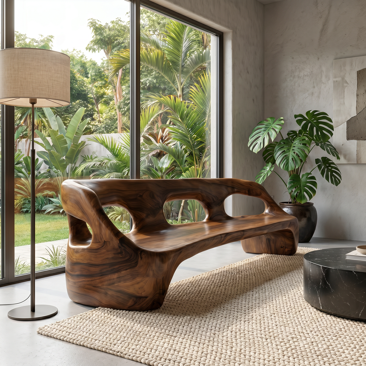 Contemporary Sculptural Sofa Frame, Curved Solid Wood Couch Frame for Modern Living Room Decor