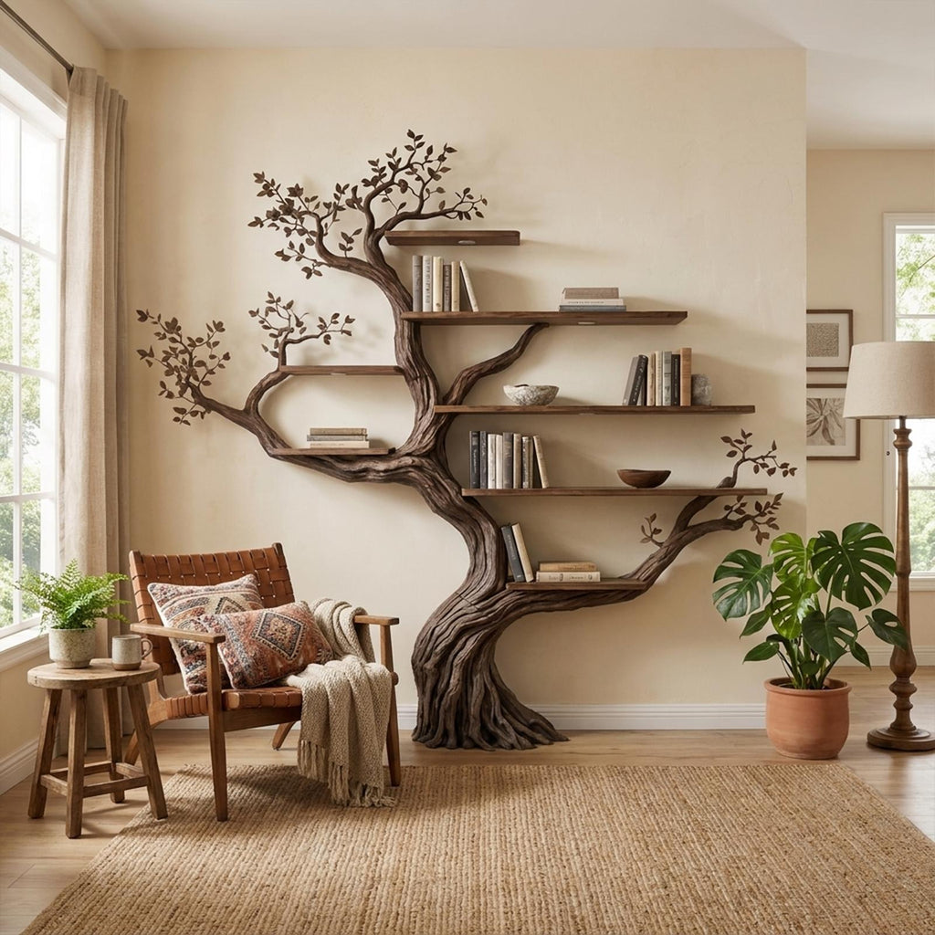 Modern Organic Tree Bookshelf, Flowing Sculptural Solid Wood Wall Mounted Floating Branch Bookcase for Living Room