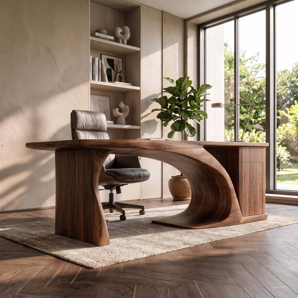 Modern Sculptural Desk With Curved Base And Storage For Home Office