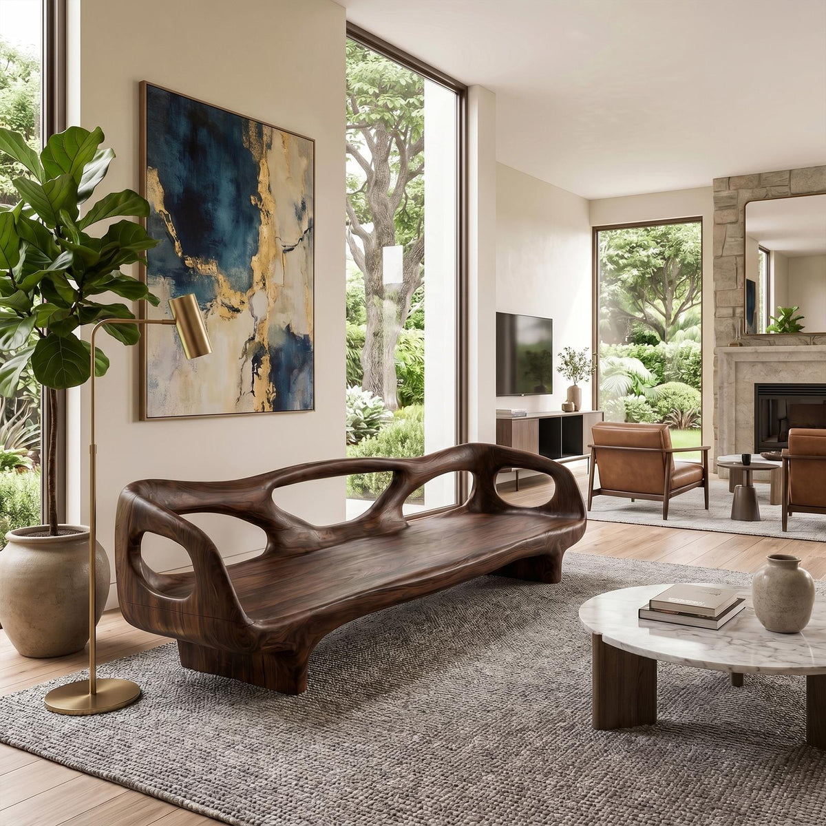Organic Sculptural Sofa Frame, Curved Open Arm Solid Wood Couch Frame for Living Room