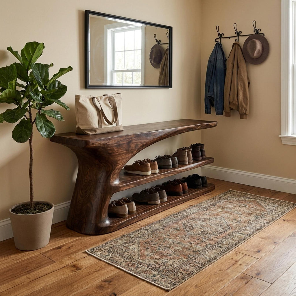 Mid Century Natural Wood Shoe Storage Bench Hallway