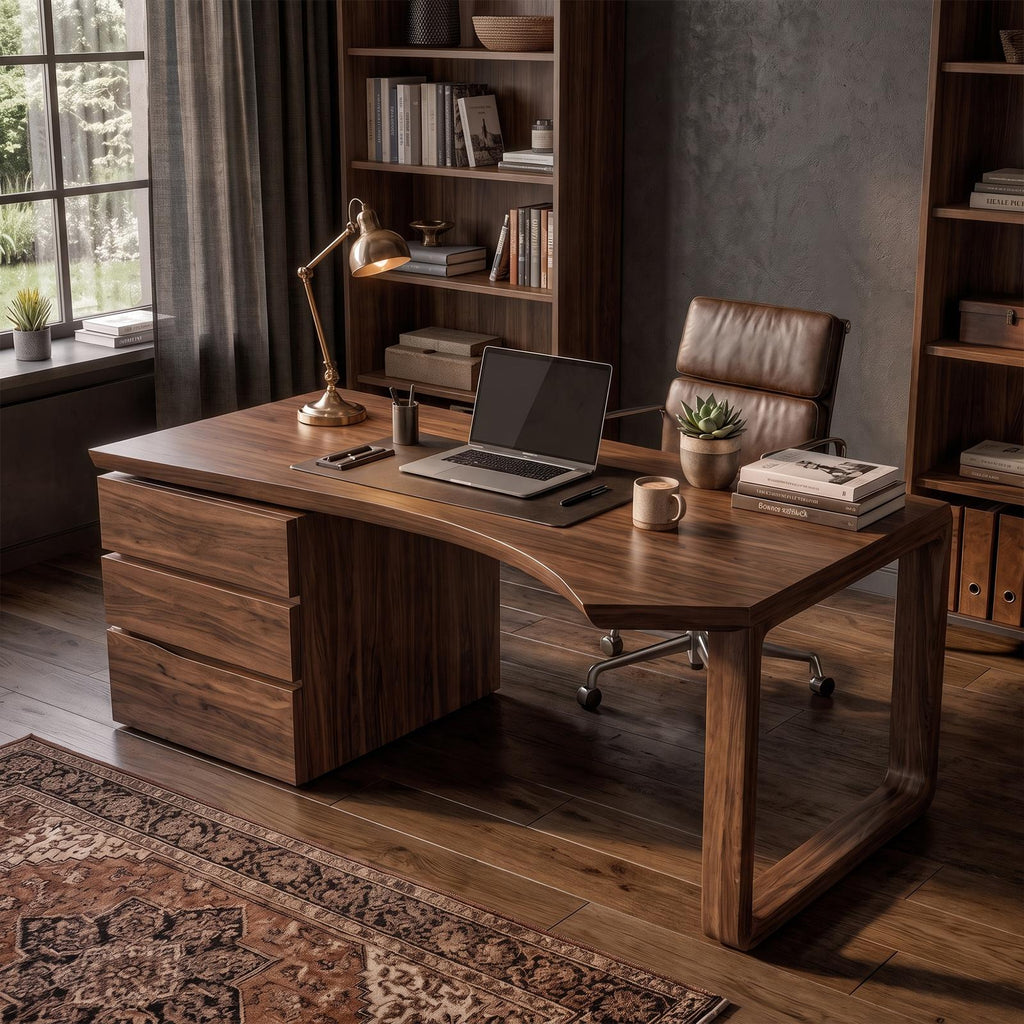Mid Century Office Desk, Solid Wood Executive Computer Desk for Home Office & Workspace