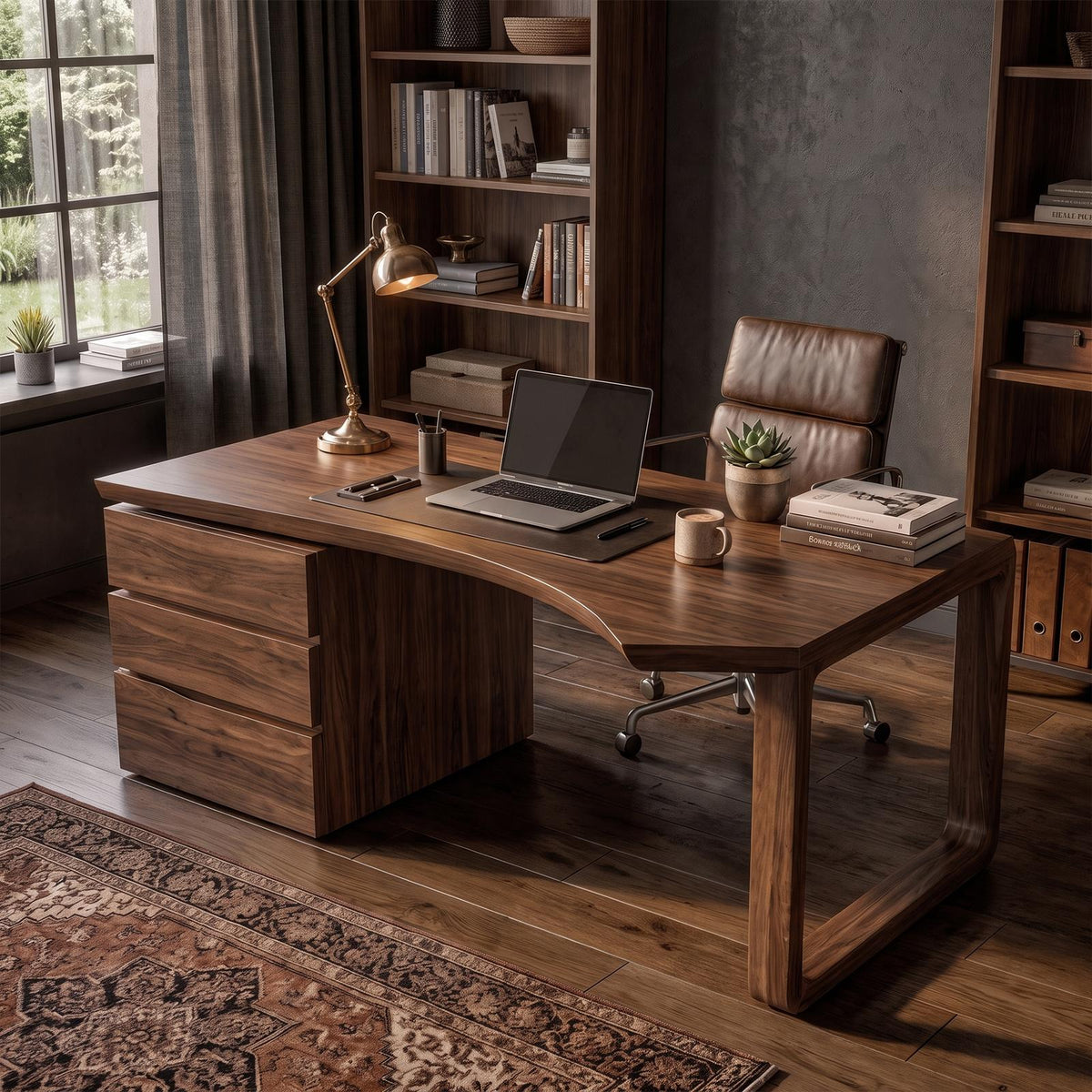 Mid Century Office Desk, Solid Wood Executive Computer Desk for Home Office & Workspace