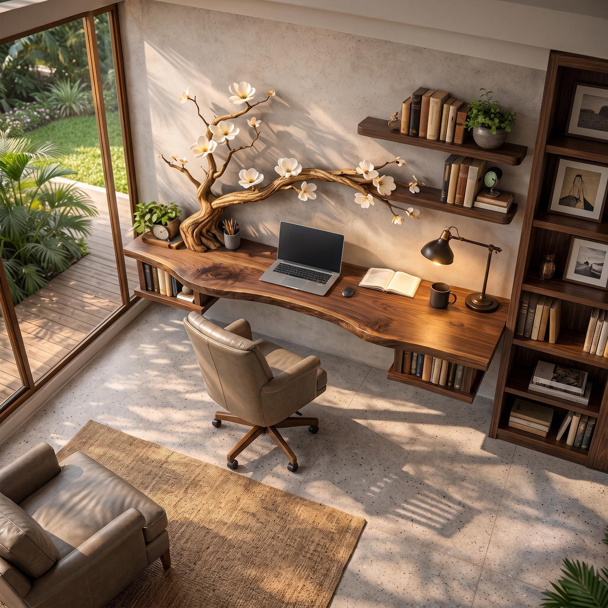 Organic Sculptural Floating Desk With Tree Branch Art For Home Office