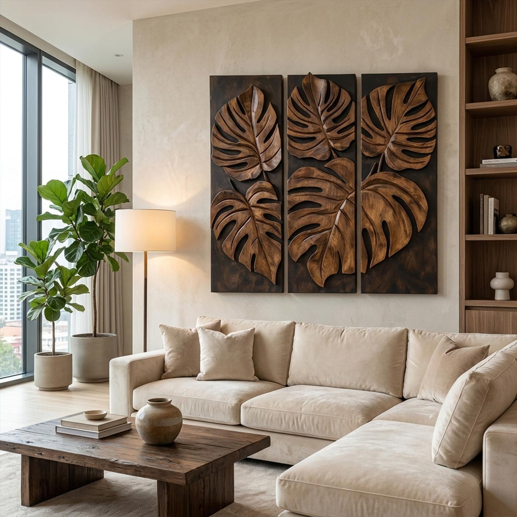 Carved Monstera Leaf Solid Wood Wall Art Triptych Statement Decor