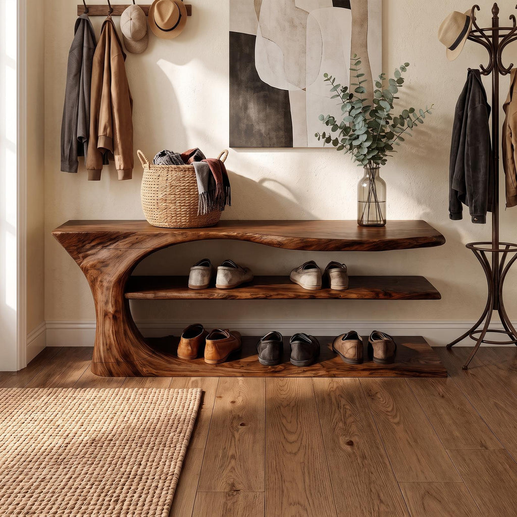 Mid Century Handcrafted Wooden Shoe Storage Bench Home