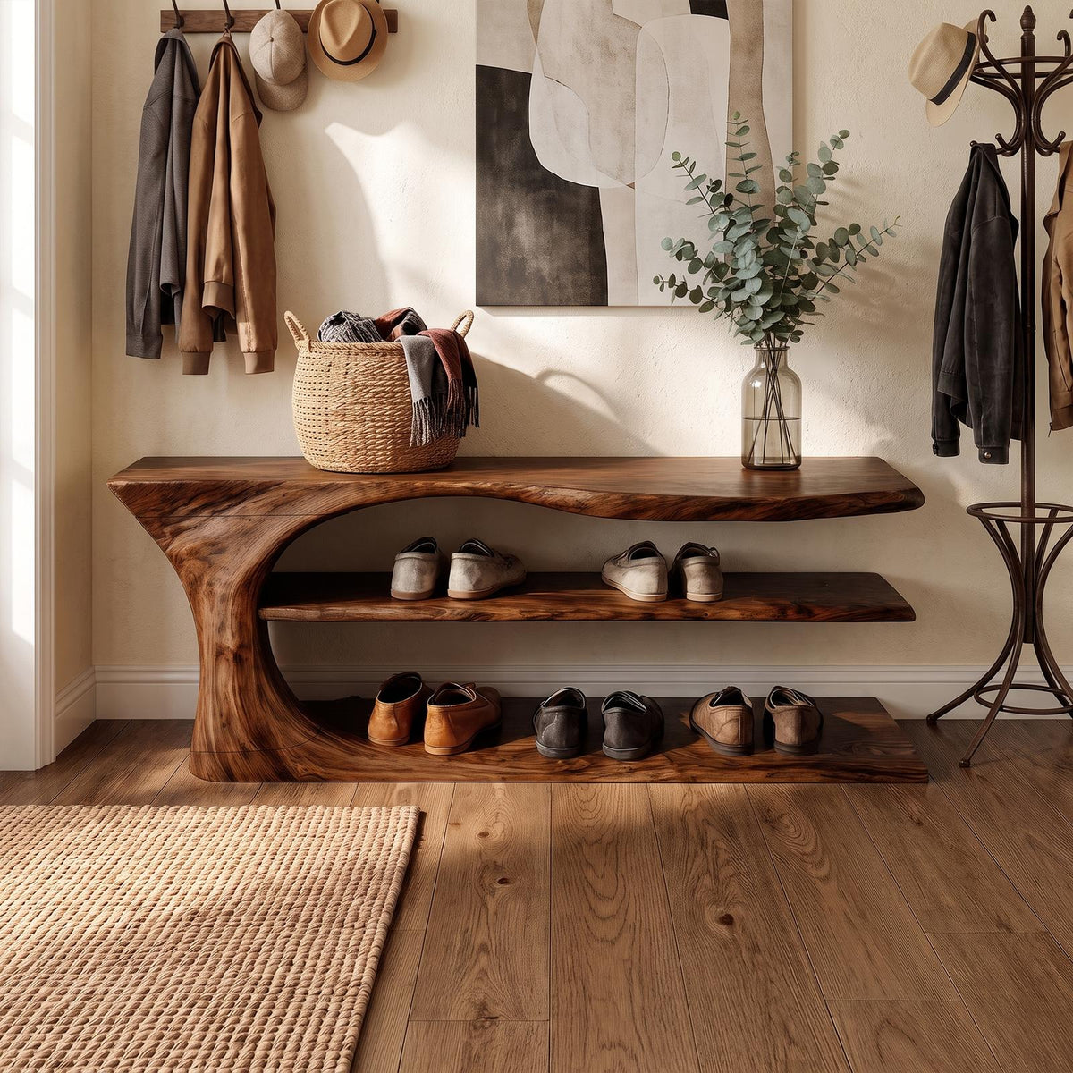 Mid Century Handcrafted Wooden Shoe Storage Bench Home