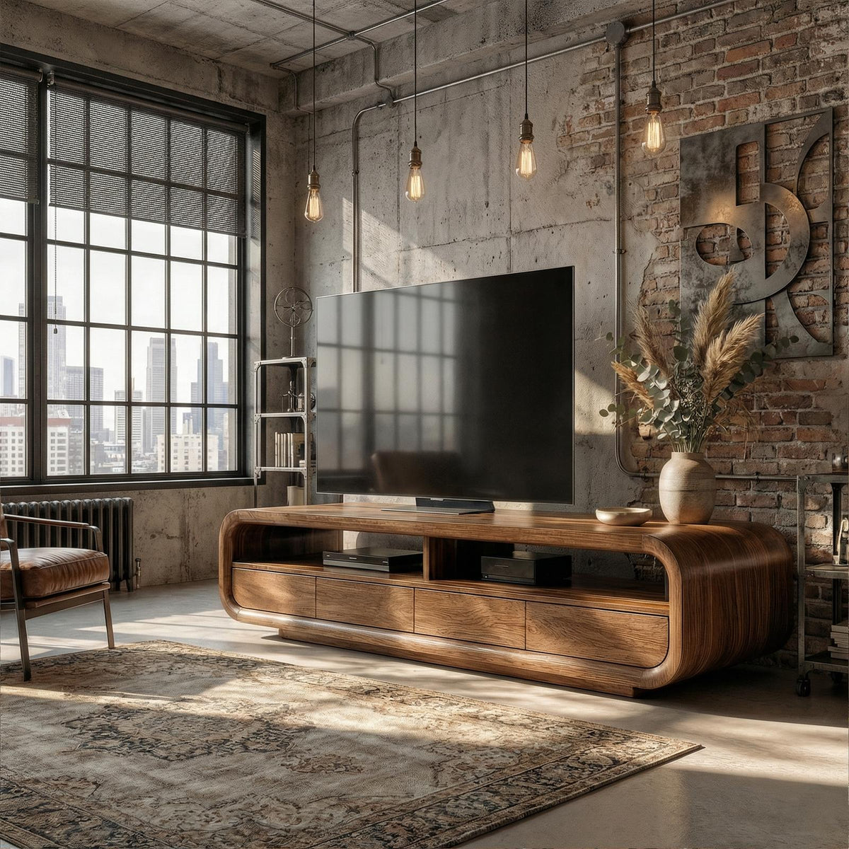 Rustic TV Cabinet, Solid Wood Media Console credenza with Storage Cabinets for Living Room
