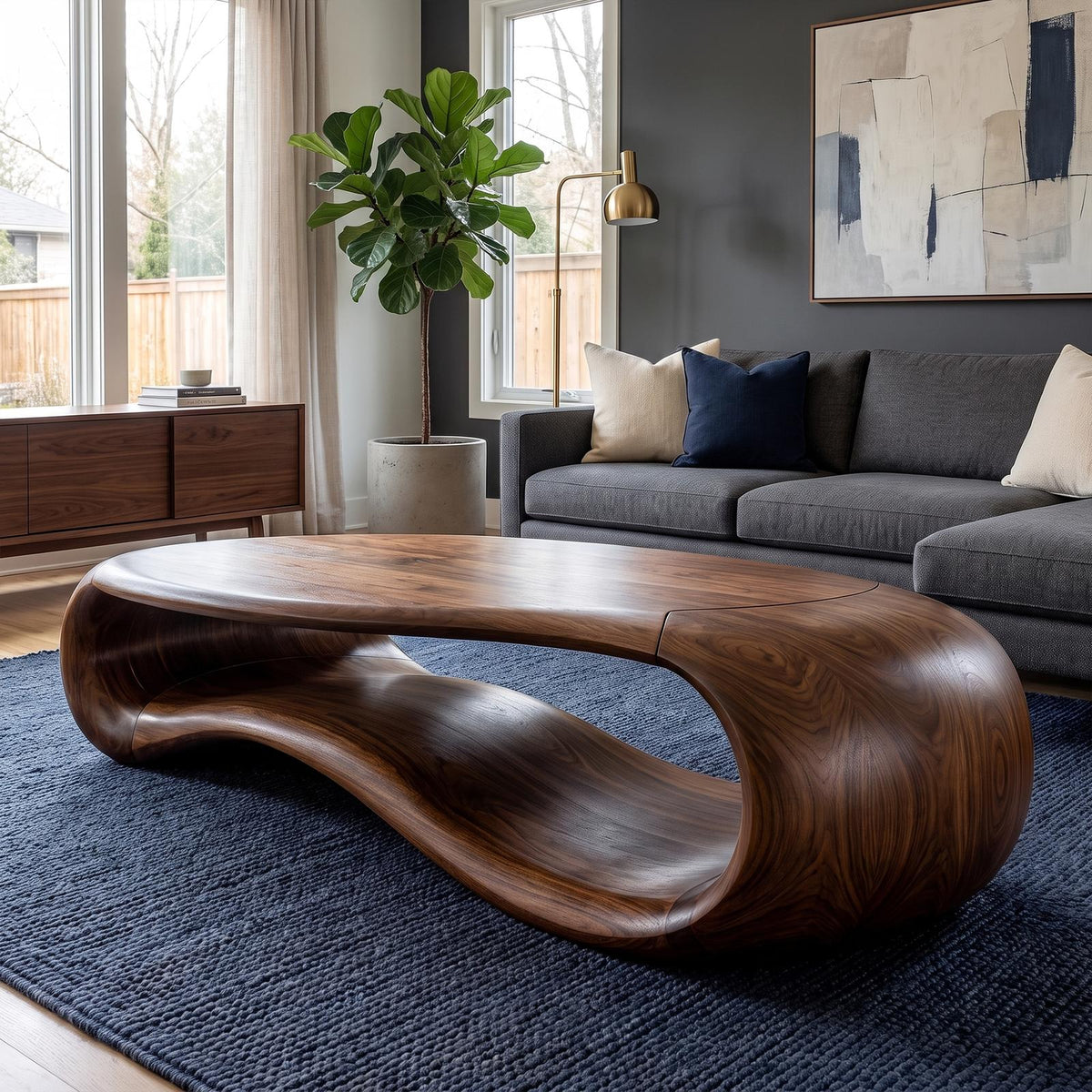 Modern Sculptural Solid Wood Coffee Table, Handcrafted Abstract Wooden Center Table for Contemporary Living Room Decor