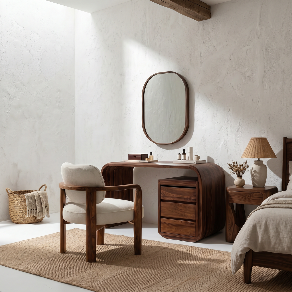 Teezano Modern Walnut Vanity Table, Bedside Makeup Console Desk with Open Storage Shelves, Solid Wood Bedroom Furniture, SINLSABDT073