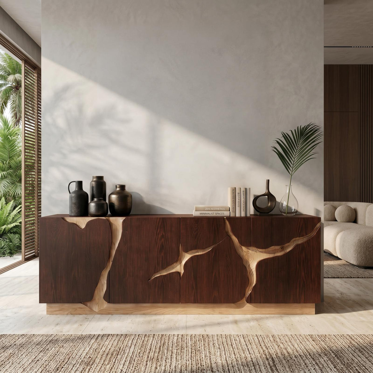 Organic Sideboard with Charred Wood Doors & Natural Live Edge Inlay, Shou Sugi Ban Buffet Credenza Console