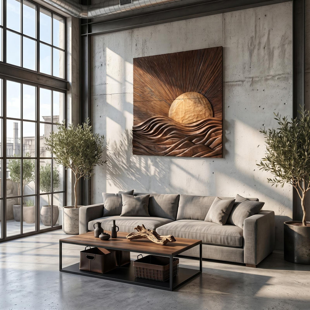 Organic Sunrise Wooden Wall Art Panel, Sunburst Carved Relief Wood Sign Decor for Living Room, Entryway