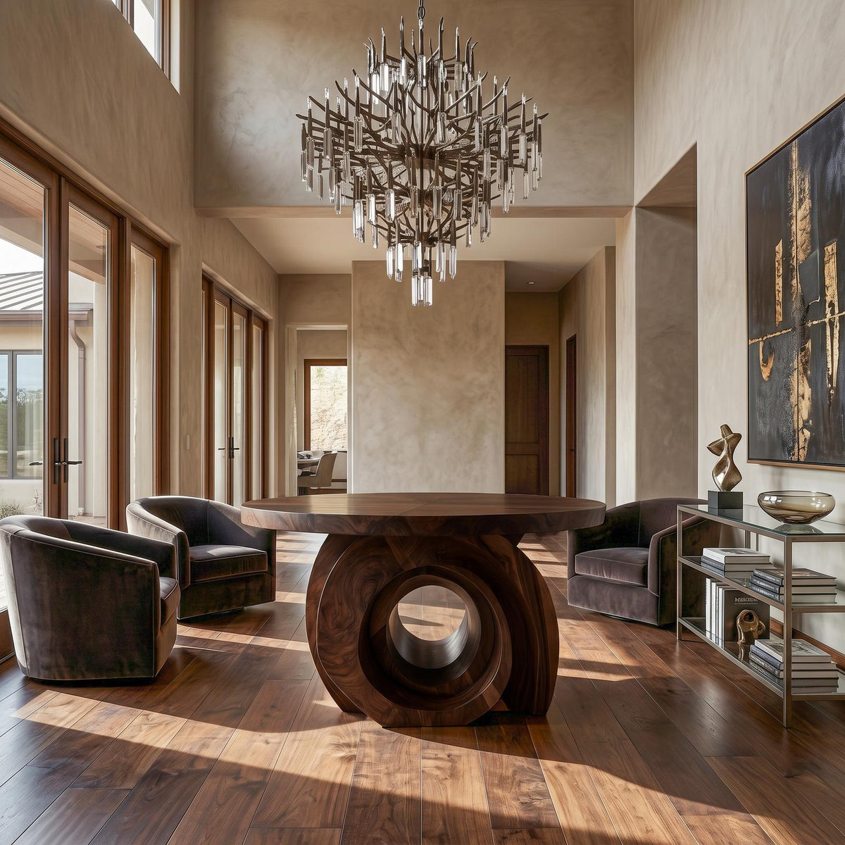 Modern Round Foyer Table, Sculptural Ring Pedestal Solid Wood Entryway & Hallway Accent Table
