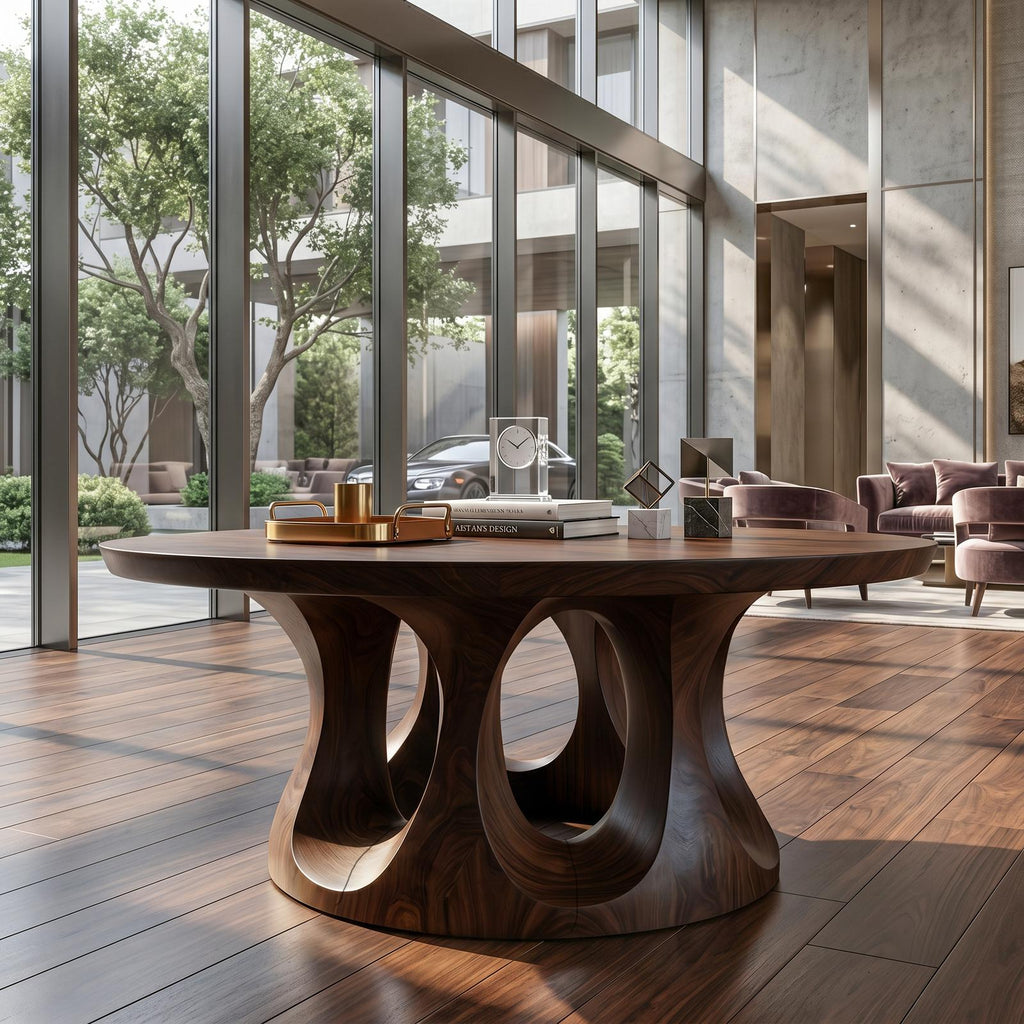 Organic Round Foyer Table, Sculptural Dual Ring Pedestal Entryway & Hallway Console Table