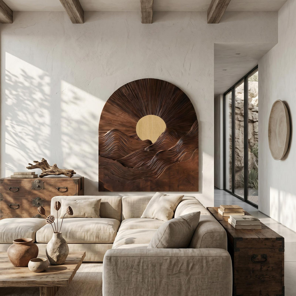 Sunburst Wall Art, Round Sculptural Wooden Relief Panel Decor for Living Room, Bedroom & Entryway