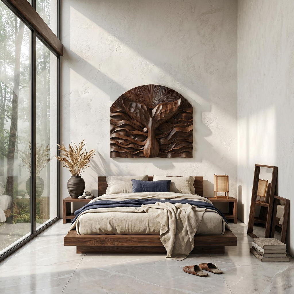 Abstract Wall Art, Sculptural 3D Relief Carved Wood Panel Decor for Contemporary Living Room & Entryway