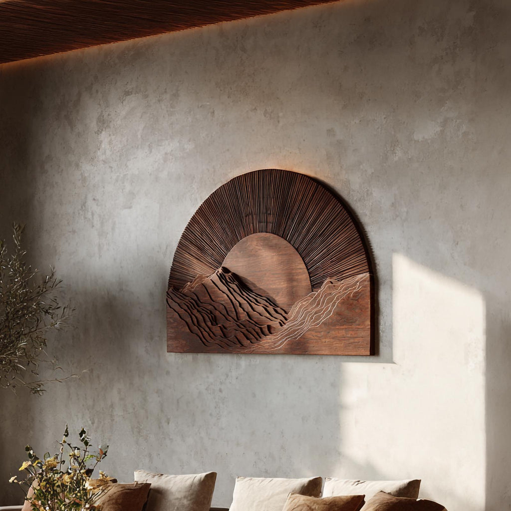 Half Moon Wall Art, Sunburst Carved Wood Panel Decor for Modern Living Room, Hallway and Entryway