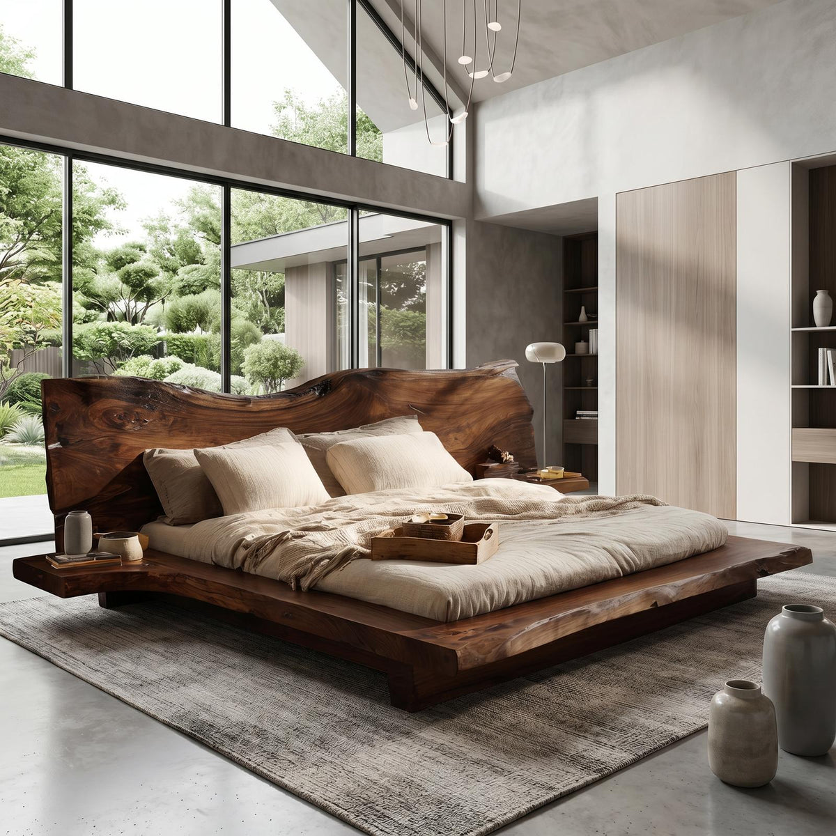 Contemporary Platform Bed Frame, Handcrafted Solid Wood Headboard Platform Bed, King Queen Bedroom Furniture Bedframe