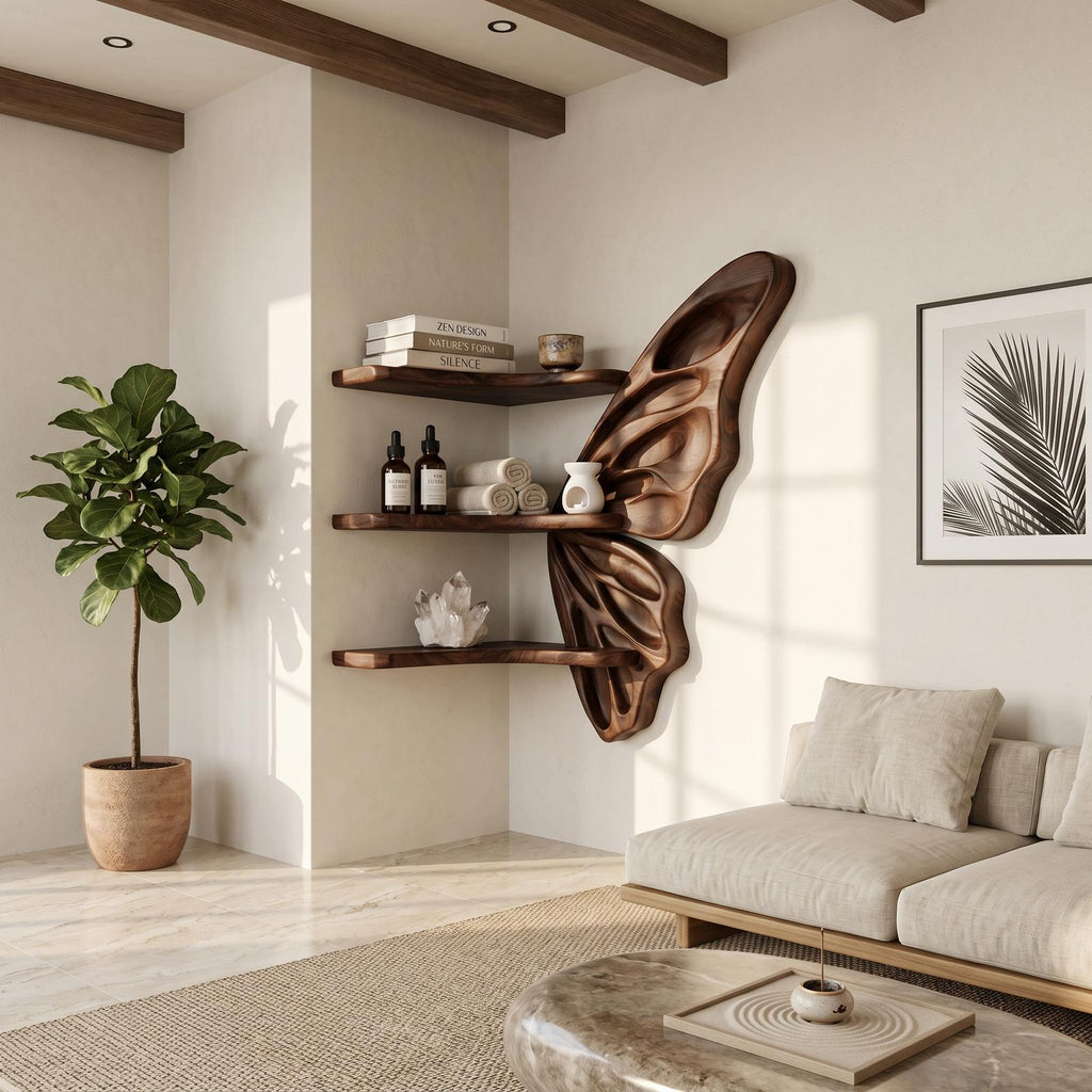 Organic Butterfly Wooden Wall Shelf, Handcrafted Floating Display Tiered Rack for Nursery, Bedroom & Living Room Decorative Storage
