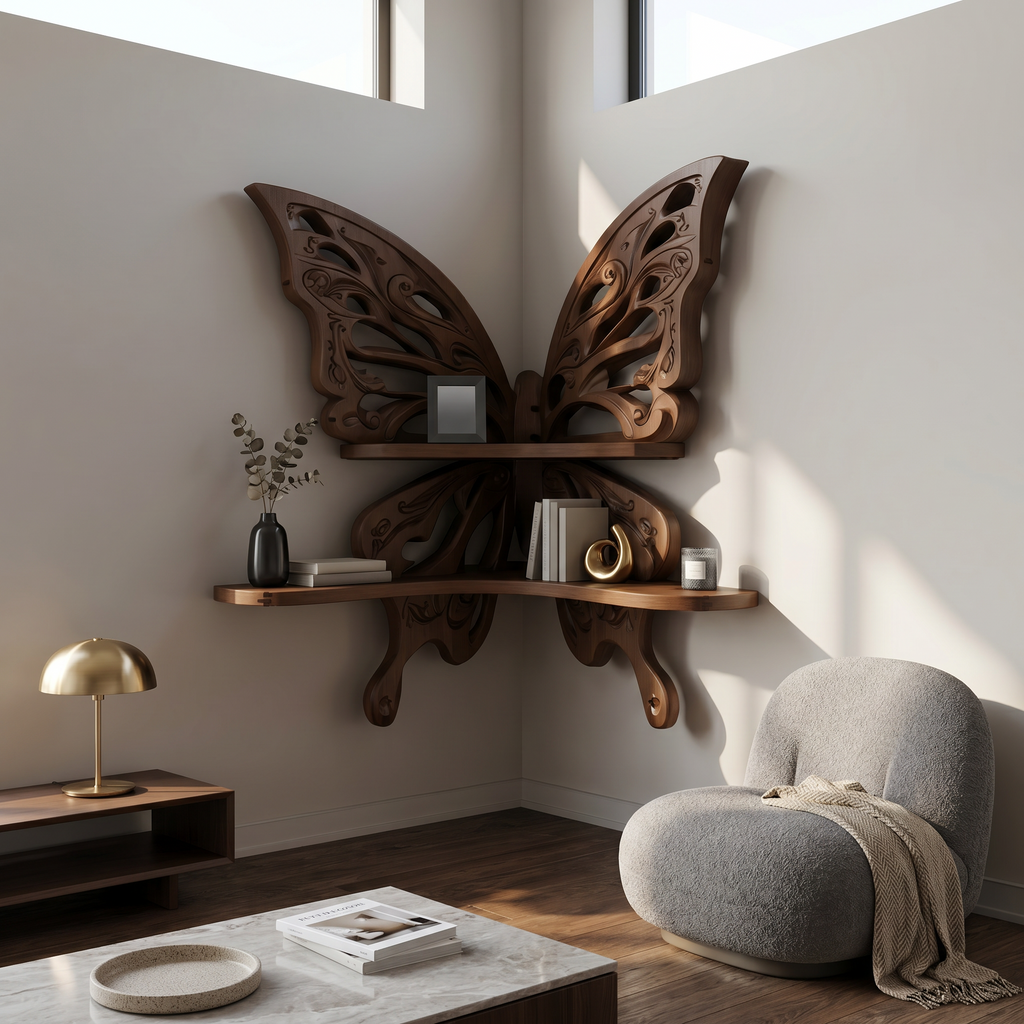 Butterfly-Inspired Floating Shelf, Sculptural Live Edge Wood Wall Shelf for Living Room, Bedroom & Entryway Decor
