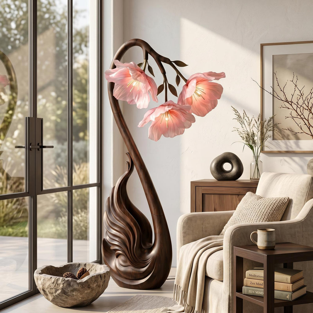 Modern Wood Floor Lamp, Handcrafted Sculptural Flower Shape Standing Accent Light for Living Room, Model