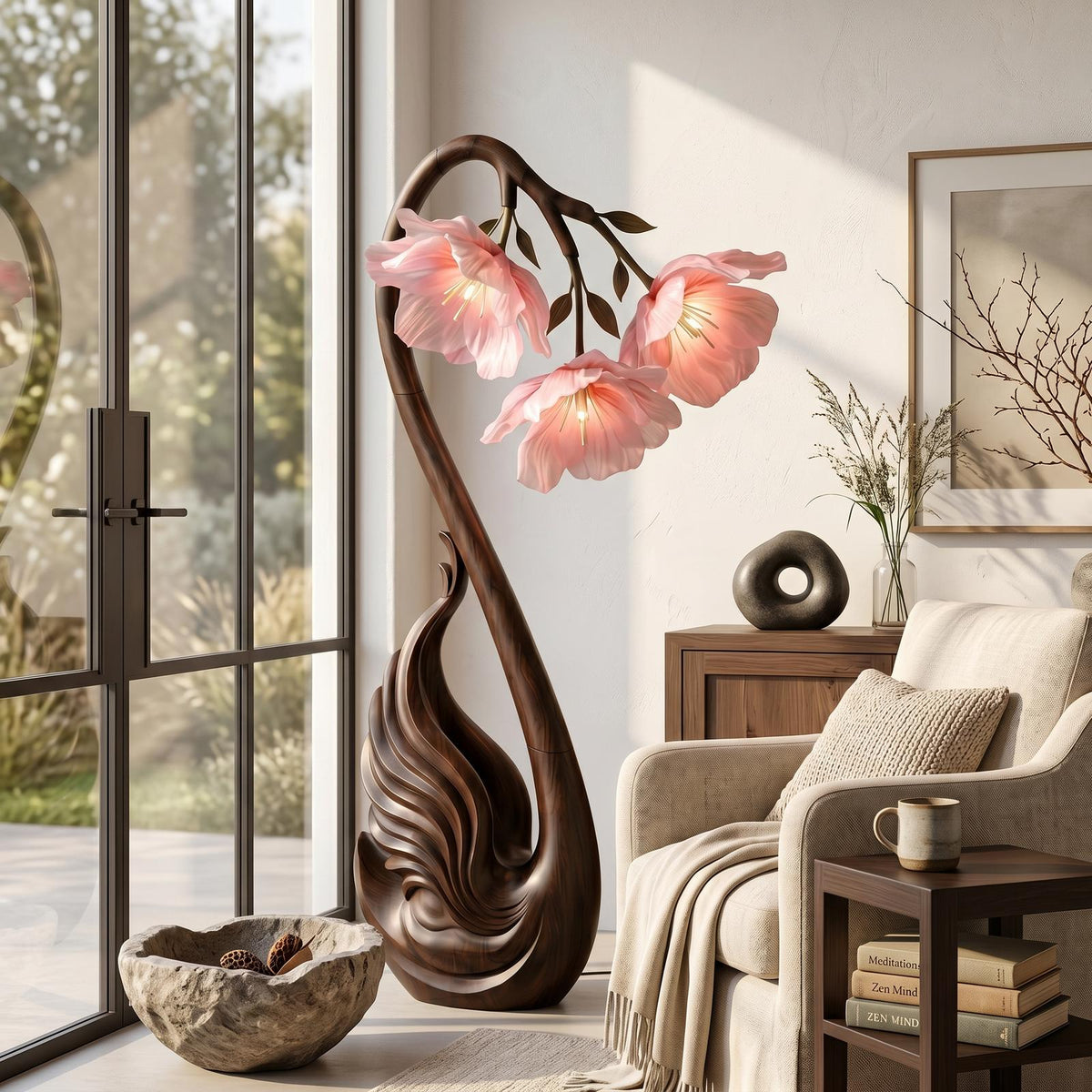 Modern Wood Floor Lamp, Handcrafted Sculptural Flower Shape Standing Accent Light for Living Room, Model