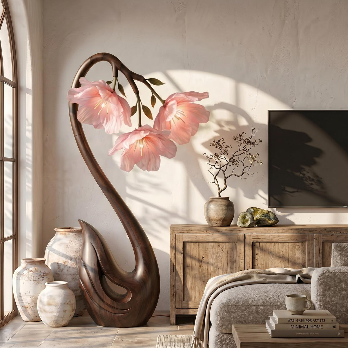 Sculptural Flower Floor Lamp, Handcrafted Organic Wood Blooming Rose Shape Standing Light for Bedroom, Model