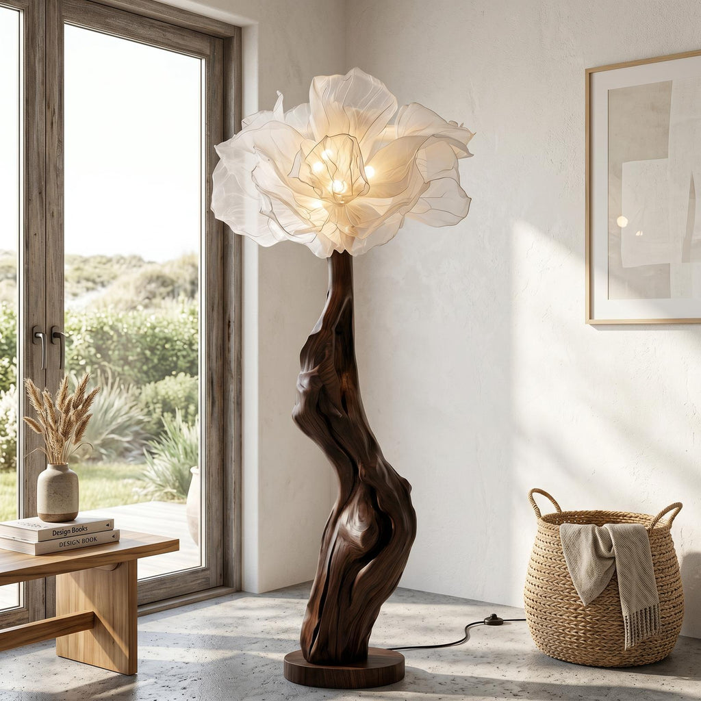 Nature Inspired Wood Floor Lamp, Handcrafted Artistic Flower Display Standing Light for Living Room, Model