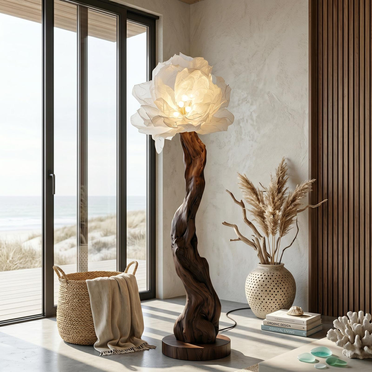 Organic Wood Standing Lamp, Handcrafted Sculptural Bloom Flower Design Tall Floor Lamp for Living Room, Model