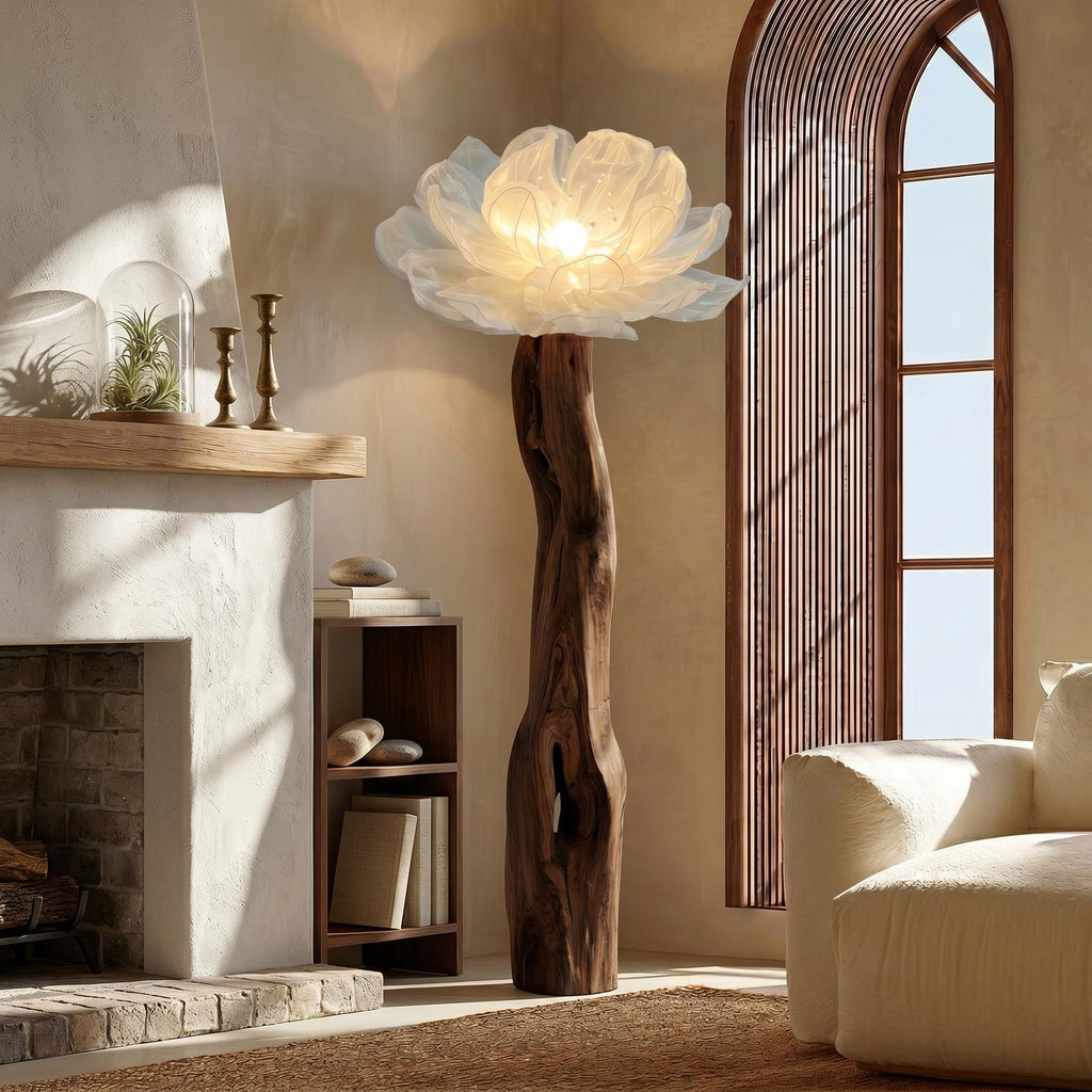 Artistic Wood Floor Lamp, Handcrafted Sculptural Flower Arrangement Design Tall Standing Light for Home, Model