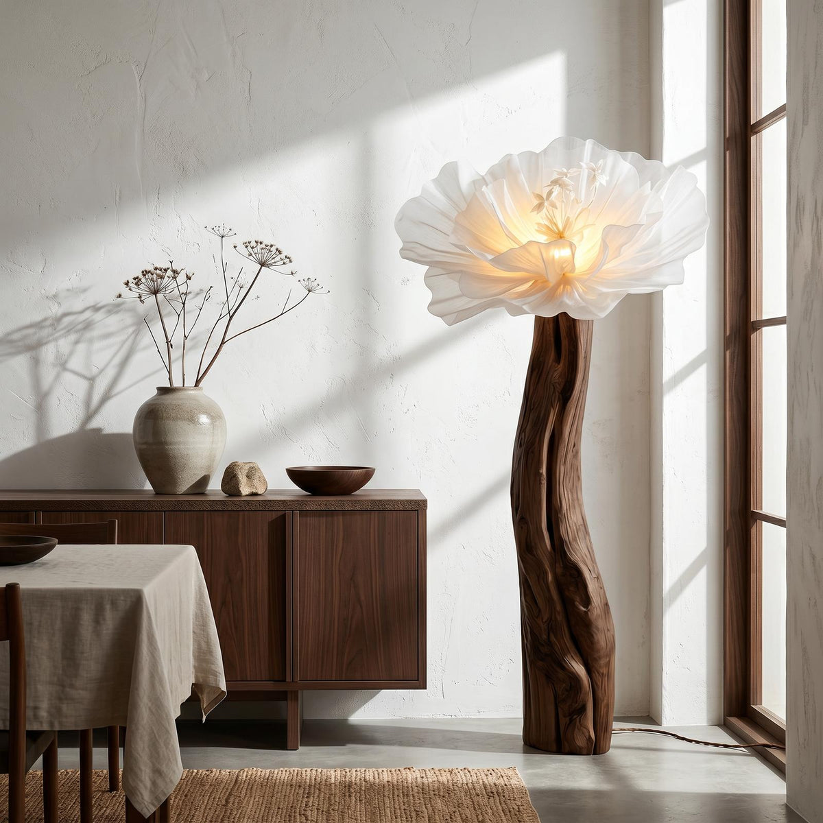 Artistic Flower Floor Lamp Sculptural Wood Base For Living Room