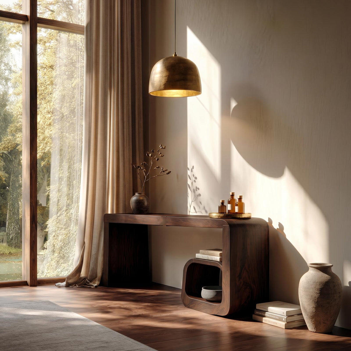 Sculptural Dressing Table With Curved Wood Silhouette For Bedroom Decor