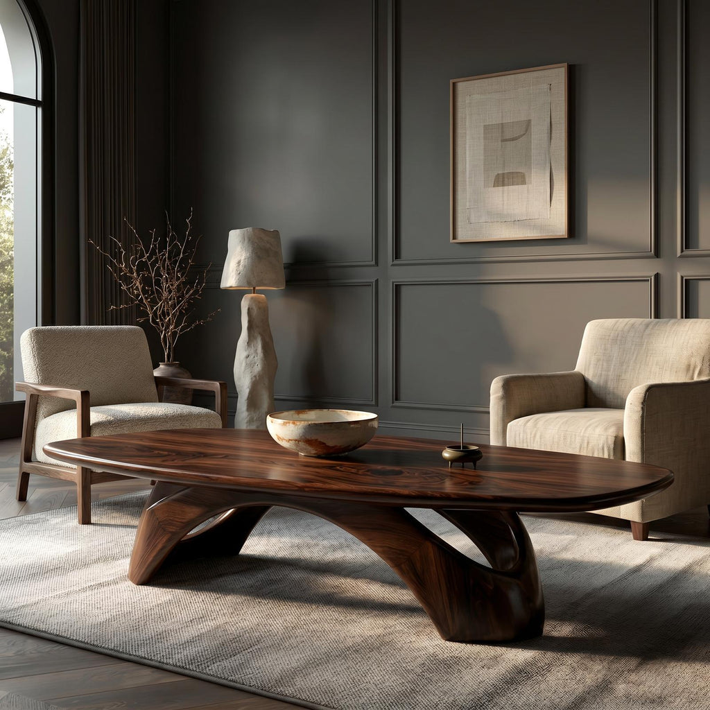 Rustic Coffee Table With Sculptural Wooden Base For Living Room