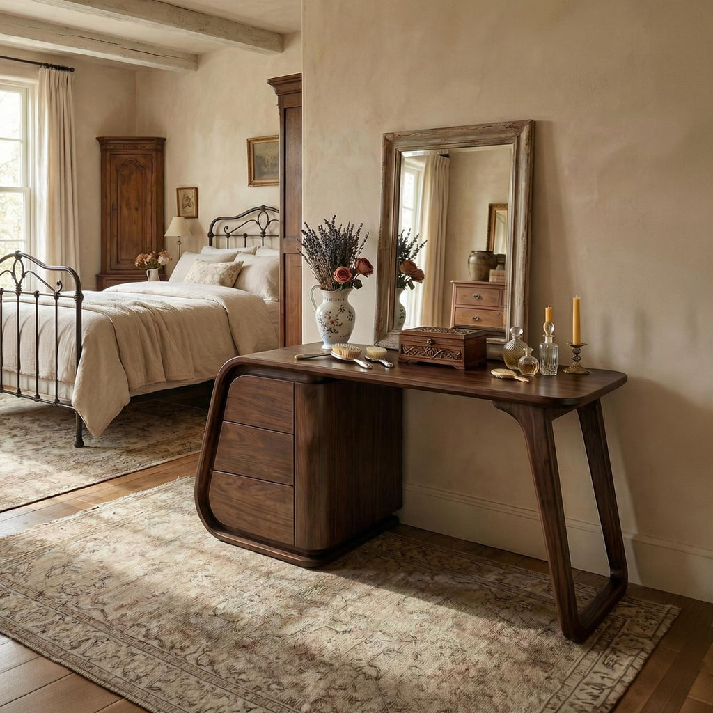 Modern Makeup Vanity Desk with Drawers, Solid Wood Dressing Table, Sleek Contemporary Bedroom Furniture