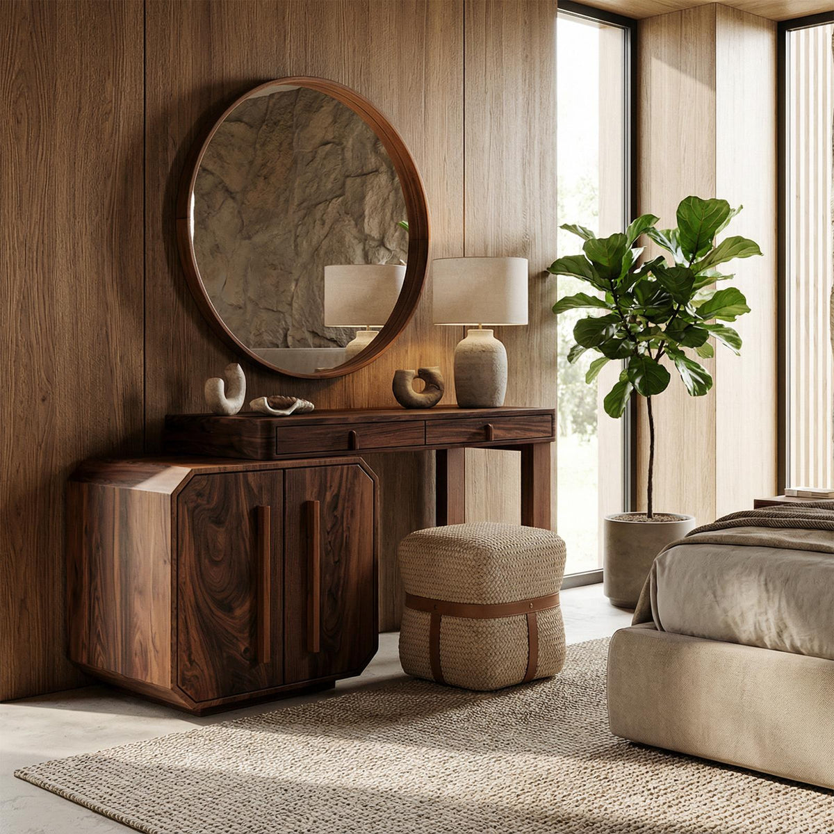 Contemporary Dressing Table With Storage Cabinet Sculptural Design For Bedroom