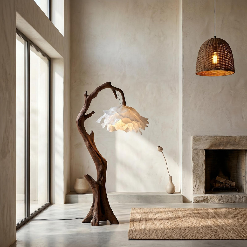 Nature Inspired Flower Floor Lamp with Solid Wood Base, Floral Shade Standing Light for Living Room, Model