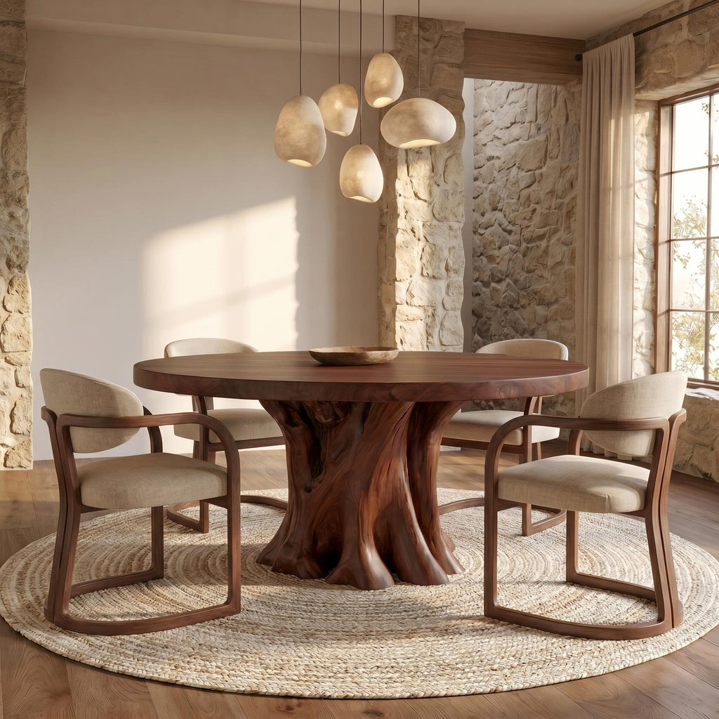 Rustic Round Dining Table With Solid Wood Sculptural Base For Dining Room