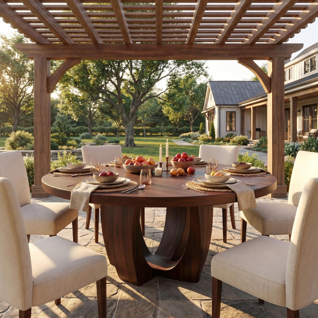 Modern Round Dining Table with Sculptural Wood Base, Handcrafted Solid Wood Kitchen Dining Room Table