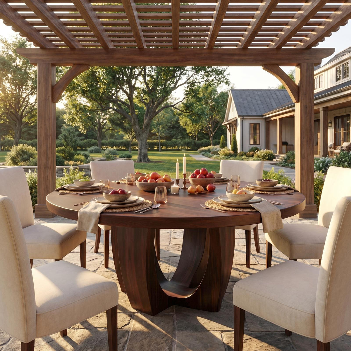 Modern Round Dining Table with Sculptural Wood Base, Handcrafted Solid Wood Kitchen Dining Room Table