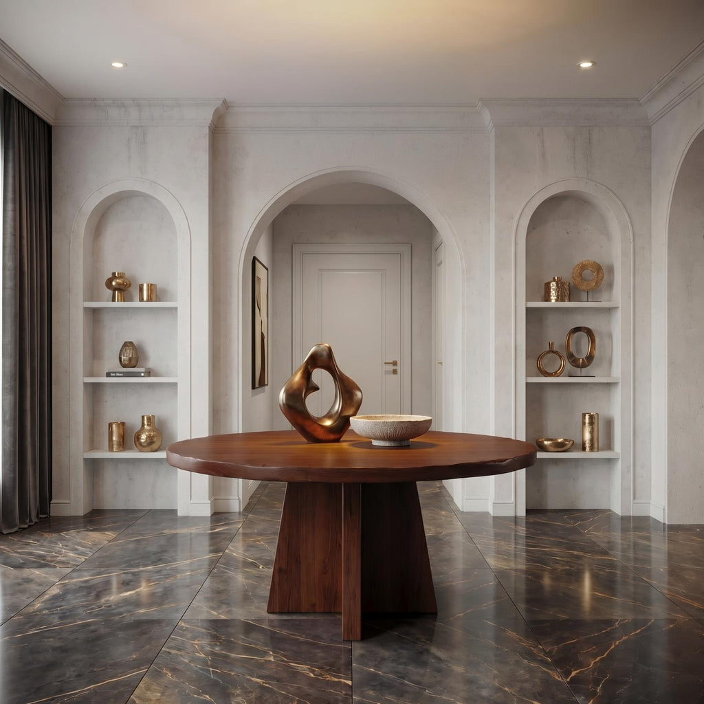 Modern Luxury Round Pedestal Table, Solid Wood Foyer Table, Architectural Entryway Accent Table for Lobby